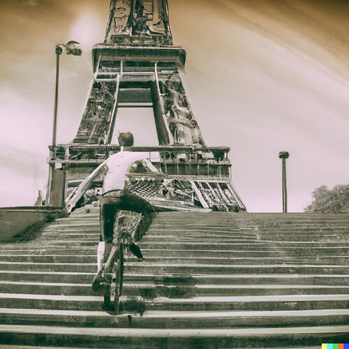 DALL·E 2023-04-21 16.16.47 - a person riding a unicycle down the stairs of the eiffel tower, old fashioned picture