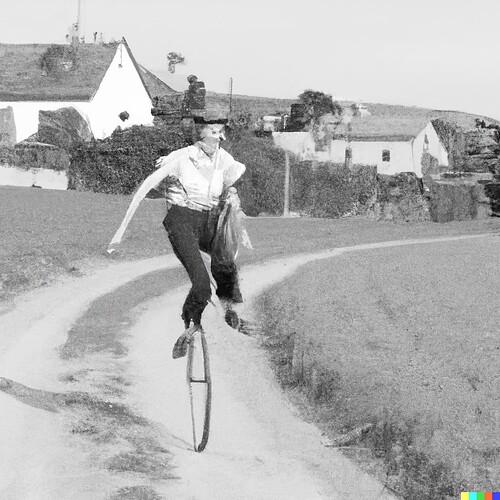 DALL·E 2023-06-01 13.28.10 - a unicyclist riding in a village, old fashioned black and white picture