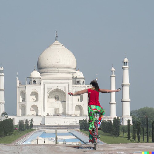 DALL·E 2023-06-01 13.30.59 - a unicyclist riding in front of the Taj Mahal, photo